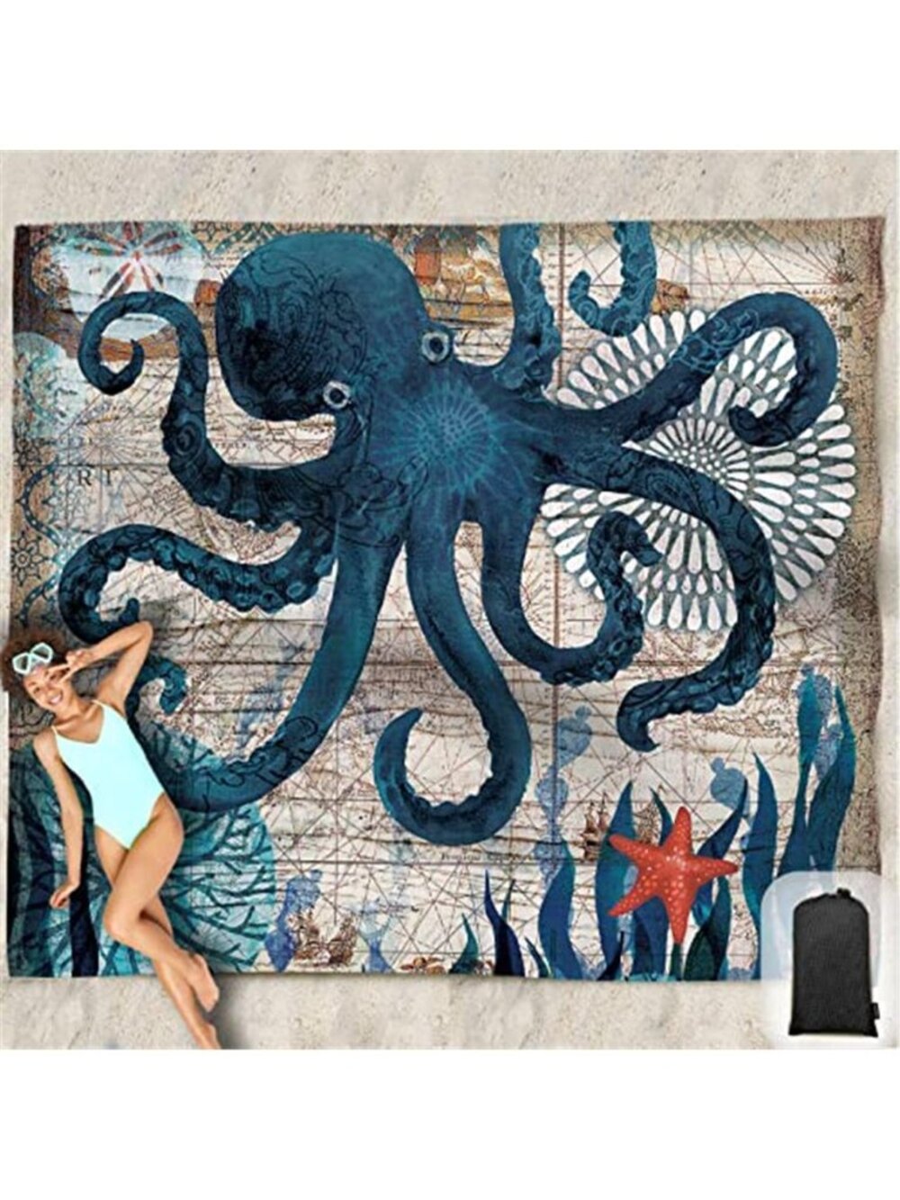 Oversized Beach Blanket Sandproof Waterproof 95 X 85 Octopus Picnic Camping Mat